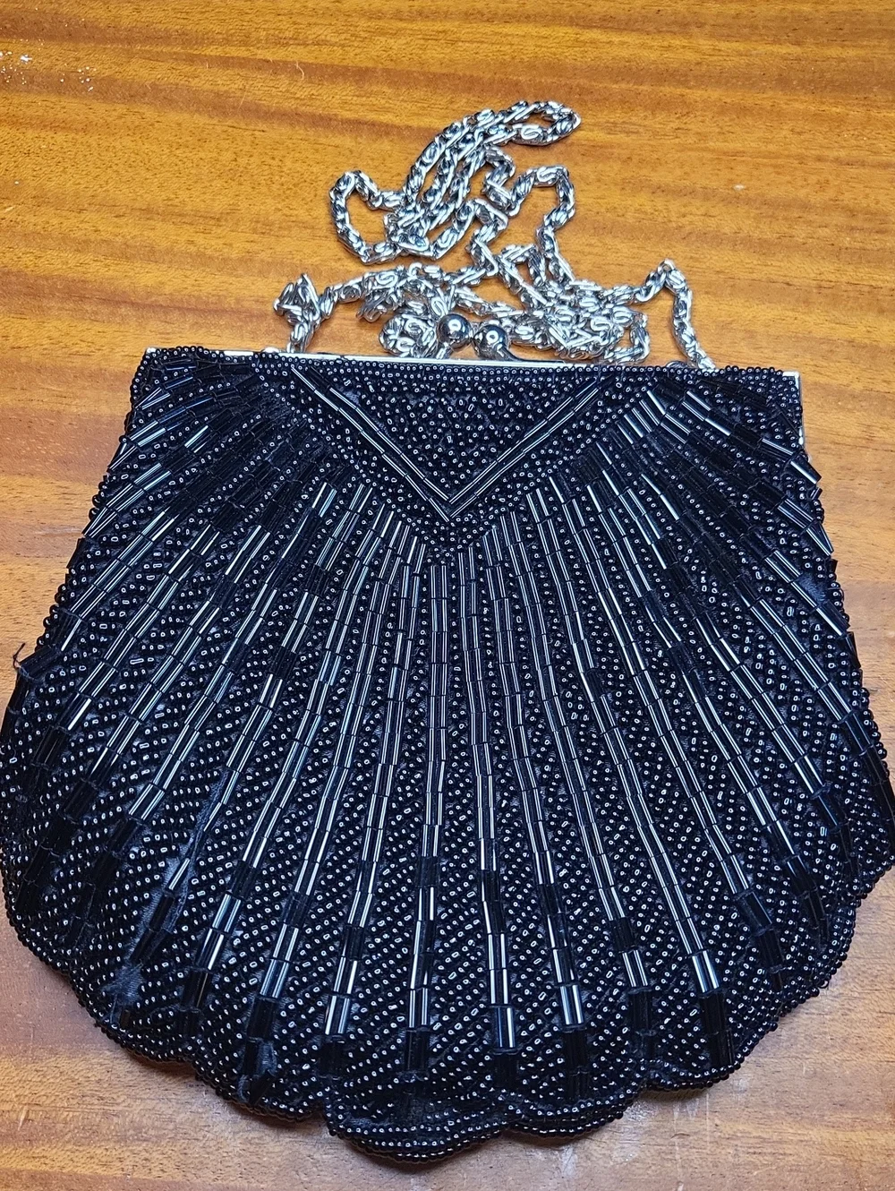 Elegant Black Beaded Evening Bag with Silver Chain